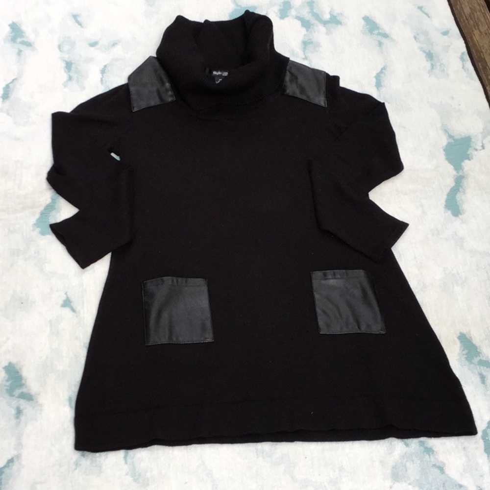 Long Black Sweater with Faux Leather Details